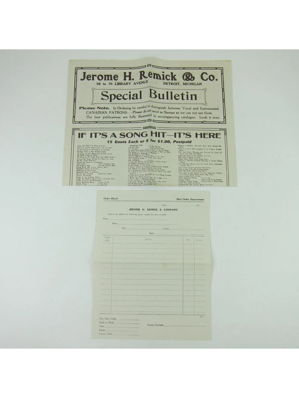 Sheet Music Jerome H. Remick & Co Advertising Special Bulletin Form Antique 1910